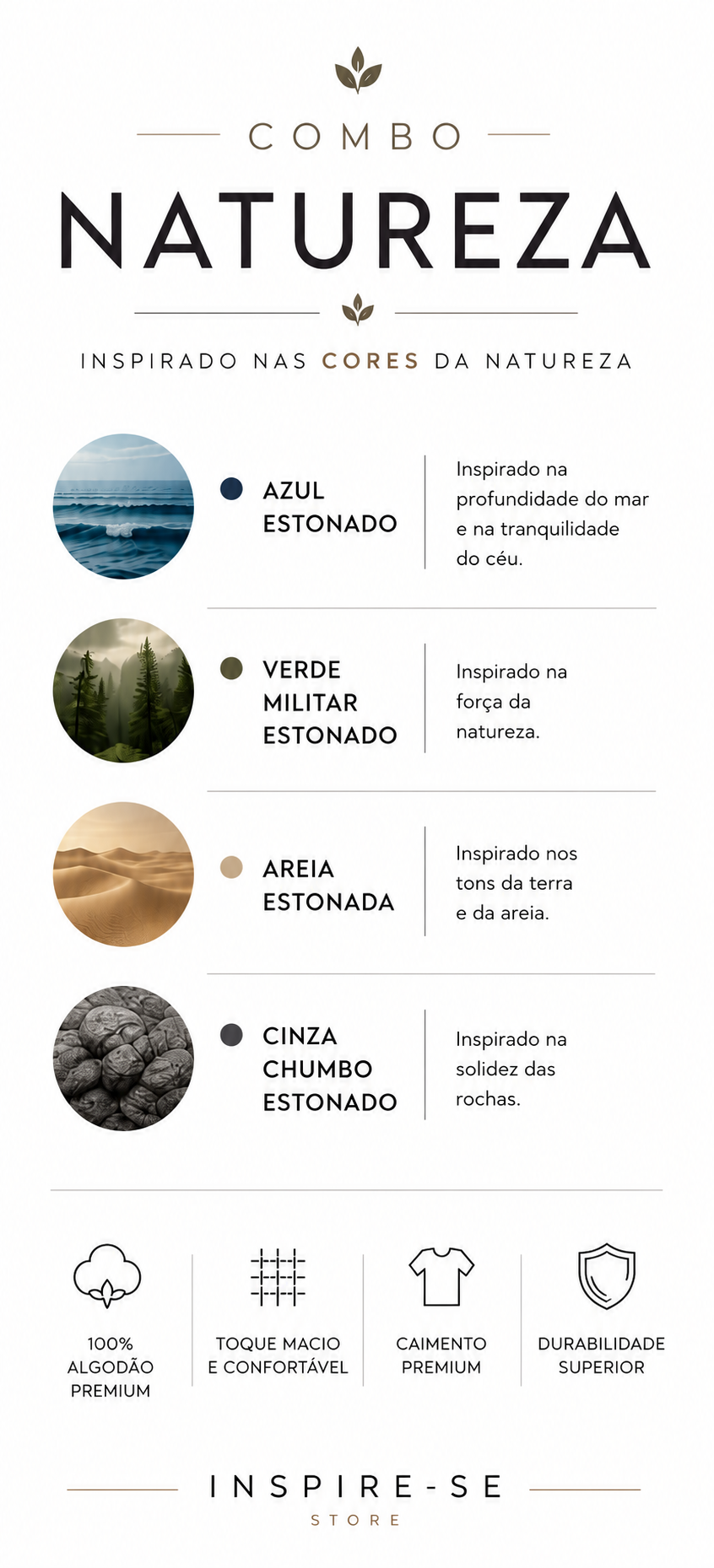 Combo Natureza Inspire-se com azul, verde militar, areia e cinza chumbo